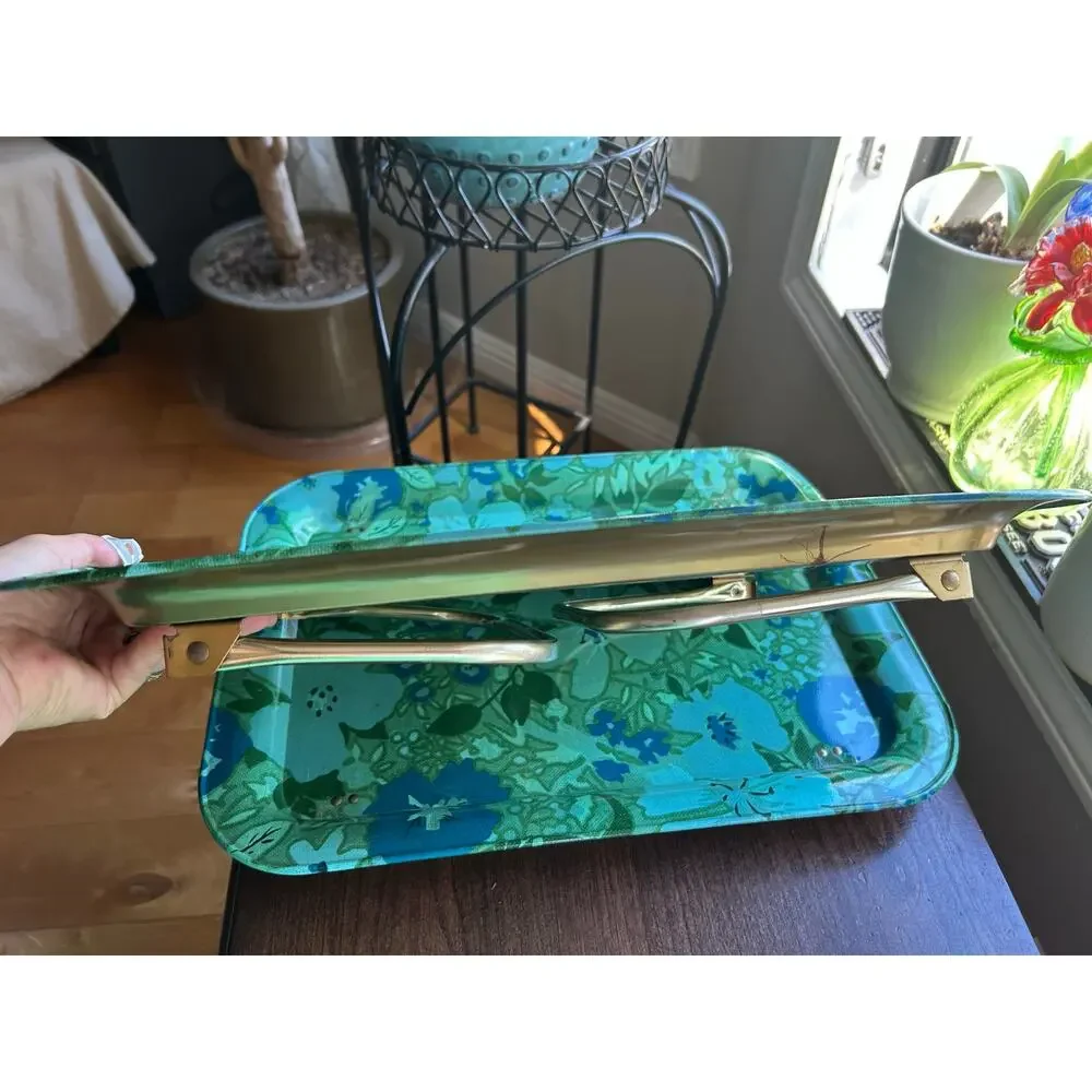 VTG 1960’S-70’S Metal Floral Design TV Tray Table blue green MCM